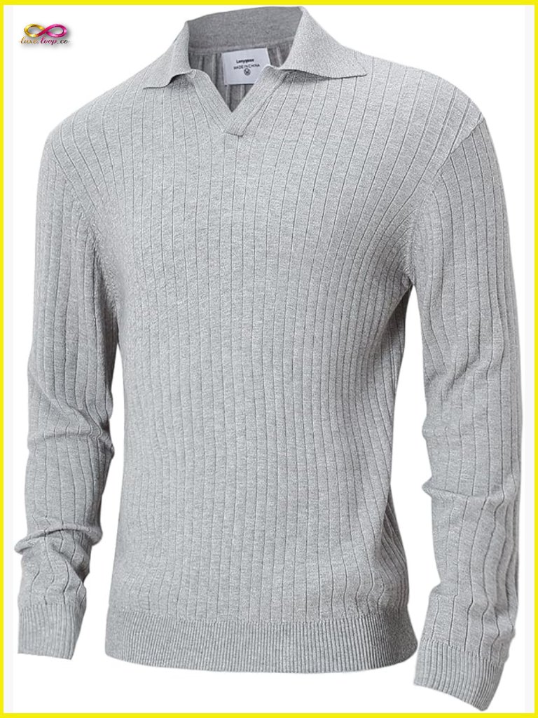 V-Neck Polo Sweater Long Sleeve Ribbed Knit Pullover Business Casual Classic